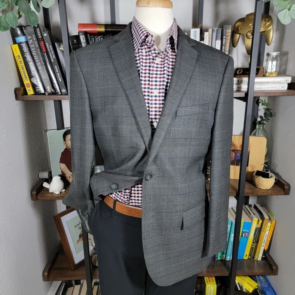 Pronto Uomo Platinum Men's Sport Coat Two Button Gray Plaid Herringbone Size 42R